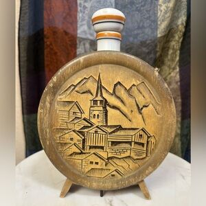 Antique Decorative Wooden Flask and music box  with Mountain Scene